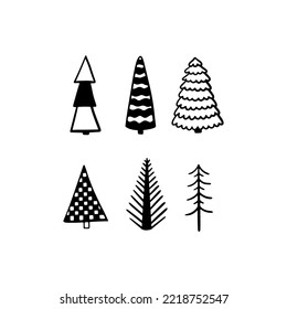 Christmas Tree various set. Collection black-white silhouette. Ink sketch.  Monochrome hand drawn vector illustration in doodle style.