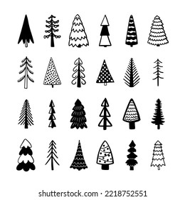 Christmas Tree various set. Collection black-white silhouette. Ink sketch.  Monochrome hand drawn vector illustration in doodle style.
