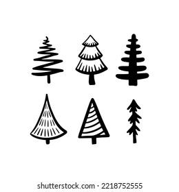 Christmas Tree various set. Collection black-white silhouette. Ink sketch.  Monochrome hand drawn vector illustration in doodle style.