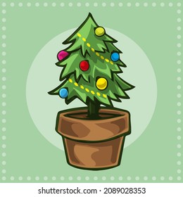 Christmas tree in a vase with various colorful ornaments and lights vector illustration with shading green