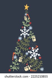 Christmas tree vector backdground with snowflake, gift boxes, red ball, candy, fireworks,star and pine leaves. 