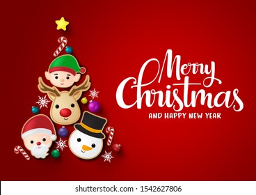 Christmas tree vector background design. Merry chistmas and happy ne year greeting typography text with reindeer, snowman, santa claus, elf, candy cane balls and snowflakes element in christmas tree.