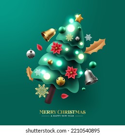 Christmas tree vector background design. Merry christmas and happy new year greeting text with sparkling pine tree elements in green background. Vector Illustration.