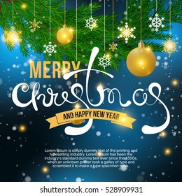 Christmas tree vector background with lights and decorations for New Year greeting card or party template