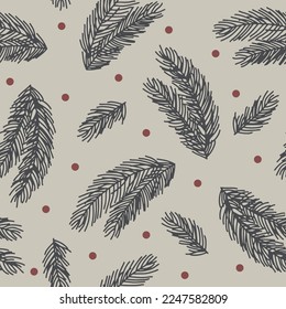 Christmas tree vector branches with dots. Botanical illustration. Pine tree branches on grey background.