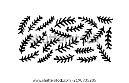 Christmas tree vector branches, evergreen set. Fir tree and pine branches painted with a brush. Simple twigs isolated on white. Vector ink illustration. Hand drawing sketchy Christmas elements. 