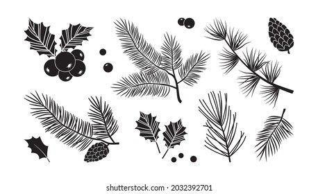 Ramas vectoriales de árboles de Navidad, cono de abeto y pino, baya holly, conjunto siempre verde, decoración navideña, hoja de invierno negra y ramita aislada en fondo blanco. Ilustración de la naturaleza