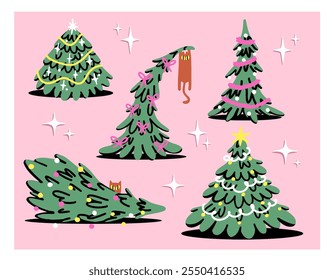 Weihnachtsbaum-Vektorsammlung. Tannenbäume mit Steinen, Weihnachtsbeleuchtung und Sternen. Perfekt für Einladungskarte, Weihnachtsplakat, Vorlage, Hintergrund