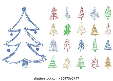 Christmas tree vector. Cute xmas illustration with gift, star and pink decoration. Holiday card with traditional fir branch and hand drawn flowers. Winter celebration symbol with warm wishes.