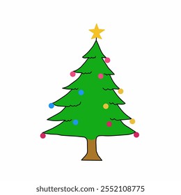 Vector del árbol de Navidad. El árbol está decorado con adornos coloridos y una estrella en la parte superior.