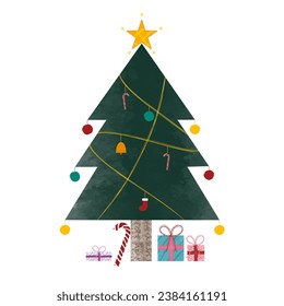 Christmas tree vector decorated with stars and light bulbs and gifts on white background. Beautiful and cute Christmas festival cartoon vector. Design for decoration, card, paper, note, print, graphic