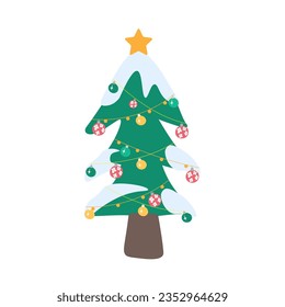 Christmas Tree vector flat colorful icon. Isolated an evergreen tree decorated with lights and ornaments to celebrate Christmas. Depicted with round, variously colored ornaments and star