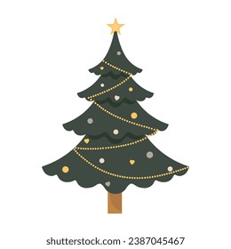 Christmas tree vector. Flat illustration of green fir tree decorated with baubles. Concept of christmas and new year. Cartoon xmas green tree isolated on white background. Vector illustration
