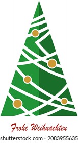 Christmas tree vector with gold baubles and German greetings on white background.
Translation German to English: Frohe Weihnachten is Merry Christmas.