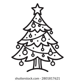 Christmas tree vector graphic featuring star on top and various hanging ornaments. Simple black outline design perfect for seasonal holiday greeting cards, coloring books, and festive decor.