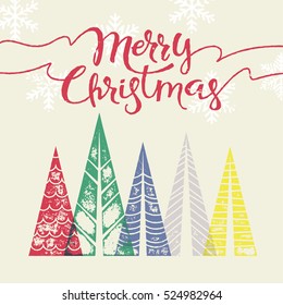 Christmas tree vector greeting card text lettering. Merry Christmas modern greeting card with pine tree. Winter holiday background with Christmas color fir pine trees in geometric shape