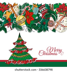 Christmas tree. Vector hand drawn decorative colored illustration with pattern and Merry Christmas text. It may be used for design of a t-shirt, bag, postcard, a poster. In zentangle style.