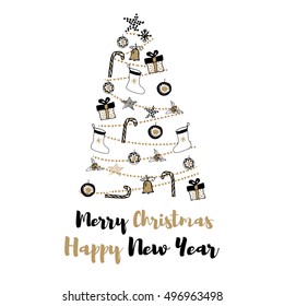 Christmas tree vector hand drawn illustration with gifts and bells. Happy new year. Gold, black, white design.