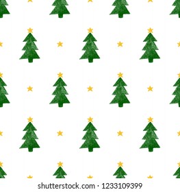 Christmas tree, vector, hand painted, seamless pattern.