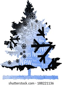 a Christmas tree, vector happy new year message, see snowflake pattern in black and shaded with ice blue