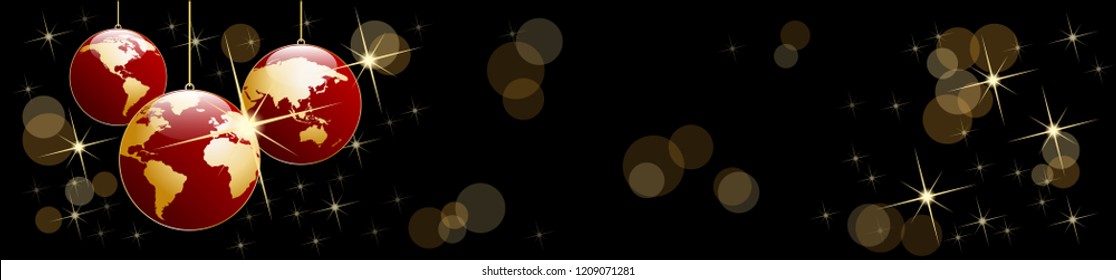 Christmas tree, vector header in black. Balls in the shape of planet earth, background