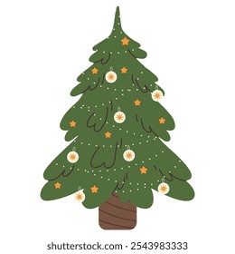 Christmas tree, Vector holiday illustration with firs with ornament in pot, Xmas spruce with festive decoration, tree decorated with garland. Flat vector illustrations isolated on white background