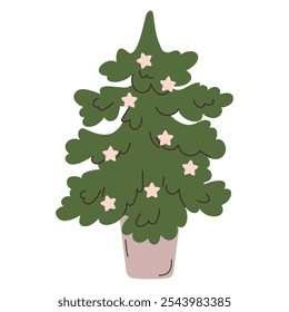 Christmas tree, Vector holiday illustration with firs with ornament in pot, Xmas spruce with festive decoration, tree decorated with garland. Flat vector illustrations isolated on white background