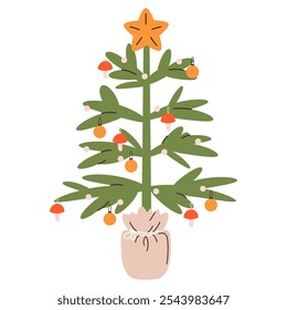 Árvore de Natal, ilustração de feriado vetor com abetos com ornamento em pote, abeto de Natal com decoração festiva, árvore decorada com guirlanda. Ilustrações de vetor planas isoladas no plano de fundo branco