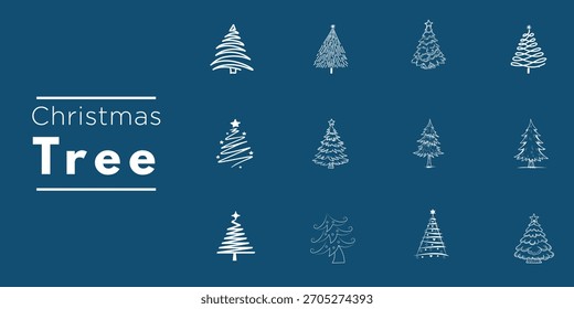 Árbol de Navidad Vector Icon Colección - Fiesta Festiva Pine Silhouette Outline Set Teal White Snow Globe Estrella Ornamento Decoración Clipart Moderno Minimalista Flat Diseño gráfico Elemento Tarjeta de Felicitación