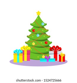 Icono vectorial de árbol de Navidad. Enhorabuena decoración para año nuevo y Navidad para tarjetas de vacaciones, folleto, folleto y sitio web.  Dibujo plano de caricatura aislado de fondo blanco.
