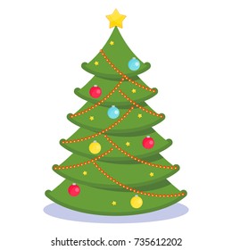 Christmas tree vector icon. Congratulatory decoration for new year and Xmas for holiday card, booklet, brochure and website. Flat cartoon illustration isolated on white background.