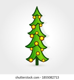 Christmas tree vector icon. Decorated tree in flat line art style. Green pine for design of greeting cards and invitations to New Year holidays and Christmas. Cartoon coniferous vector illustration.