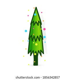 Christmas tree vector icon. Decorated tree in flat line art style. Green pine for design of greeting cards and invitations to New Year holidays and Christmas. Cartoon coniferous vector illustration.