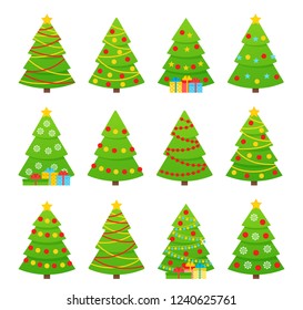 Christmas tree. Vector. Tree icon in flat design. Xmas cartoon background. Set merry spruce firs. Winter illustration isolated on white. Computer graghic. Collection pines with garland, star, balls.