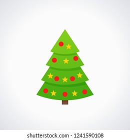 Christmas tree. Vector. Tree icon in flat design. Merry spruce fir. Xmas cartoon background. Green pine with stars, balls. Winter illustration isolated on white. Computer graphic.