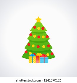 Christmas tree. Vector. Tree icon in flat design. Xmas spruce fir. Merry cartoon background. Pine with star, balls, gift box. Winter illustration isolated on white. Computer graphic.
