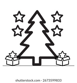 Ícone de vetor de árvore de Natal - Presentes de Natal, Estrelas, Design de Contorno de Celebração