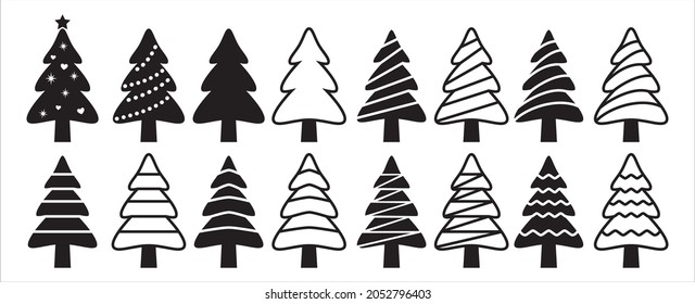 Christmas tree vector icon set. Assorted christmas pine trees icons collection. Spruce and fir tree stencil template. Simple flat illustration