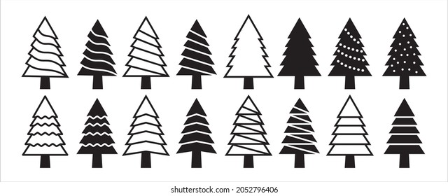 Christmas tree vector icon set. Assorted christmas pine trees icons collection. Spruce and fir tree stencil template. Simple flat illustration