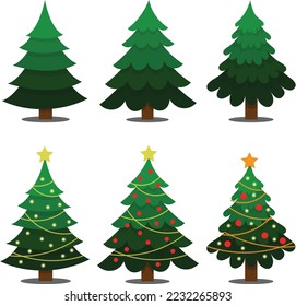 Christmas tree vector icon set decorated with star globes and lights ornaments beautiful green color multiple items 