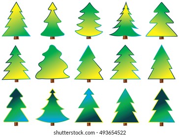 Christmas tree vector icon set silhouette design green color on white background. Concept isolated collection with decorative winter object. Xmas holiday vector illustration with light.