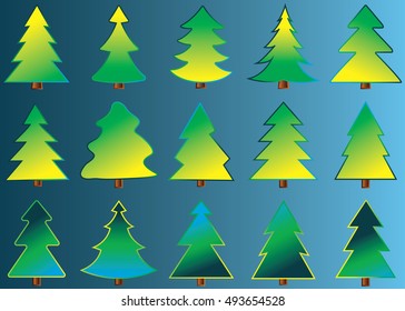 Christmas tree vector icon set silhouette design green color on blue background. Concept isolated collection with decorative winter object. Xmas holiday vector illustration with light.