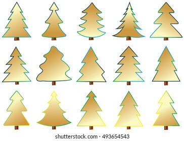 Christmas tree vector icon set silhouette design gold color on white background. Concept isolated collection with decorative winter object. Xmas holiday vector illustration with light.