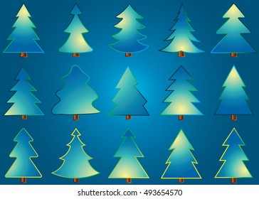 Christmas tree vector icon set silhouette design blue color on blue background. Concept isolated collection with decorative winter object. Xmas holiday vector illustration with light.