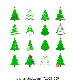 Christmas Tree Vector Icon Set. Christmas Trees in Different Forms with Toys. Green Stylized Various Types Fir-Tree Pictograms. Merry Christmas and Happy New Year Elements for Cards or Holiday Mailing