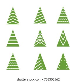 Christmas tree vector icon set. Congratulatory decoration for new year and Xmas. Pictogram for holiday card, booklet, brochure and website. Flat cartoon illustration isolated on white background.