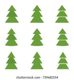 Christmas tree vector icon set. Congratulatory decoration for new year and Xmas. Pictogram for holiday card, booklet, brochure and website. Flat cartoon illustration isolated on white background.
