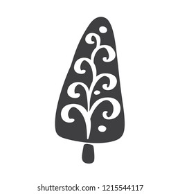Christmas Tree vector icon silhouette. Simple contour symbol. Isolated on white web sign kit of stylized spruce. Handdraw scandinavian cartoon picture