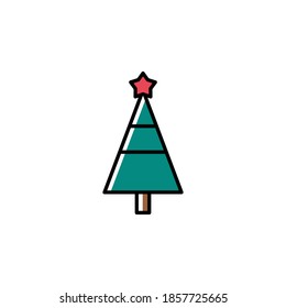 Icono vectorial de árbol de Navidad en estilo moderno minimalista. Un árbol de abeto de Navidad con un perfil fino y una estrella roja aislada en un fondo blanco. Decoración de las vacaciones de invierno. Arte de línea. 