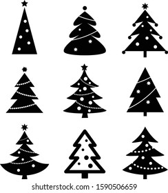 Christmas tree vector icons set, black and white